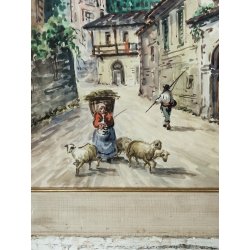 ANTICO QUADRO Monti DIPINTO ACQUERELLO PAESAGGIO Valsesia Cellio BORGO CHIESA