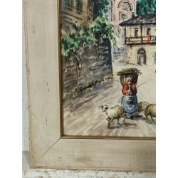 ANTICO QUADRO Monti DIPINTO ACQUERELLO PAESAGGIO Valsesia Cellio BORGO CHIESA