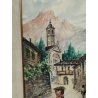 ANTICO QUADRO Monti DIPINTO ACQUERELLO PAESAGGIO Valsesia Cellio BORGO CHIESA