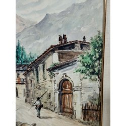 ANTICO QUADRO Monti DIPINTO ACQUERELLO PAESAGGIO Valsesia Cellio BORGO CHIESA