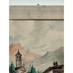 ANTICO QUADRO Monti DIPINTO ACQUERELLO PAESAGGIO Valsesia Cellio BORGO CHIESA