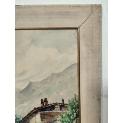 ANTICO QUADRO Monti DIPINTO ACQUERELLO PAESAGGIO Valsesia Cellio BORGO CHIESA