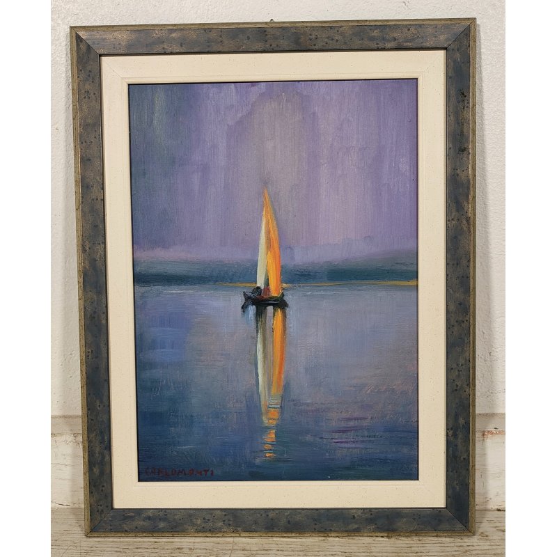 QUADRO DIPINTO olio tavola Carlo Monti BARCA a VELA Riflesso nel Lago MAGGIORE