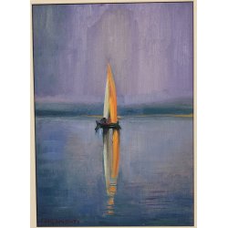QUADRO DIPINTO olio tavola Carlo Monti BARCA a VELA Riflesso nel Lago MAGGIORE