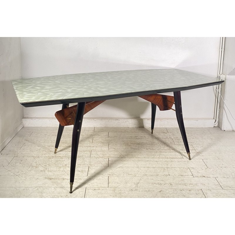 TAVOLO PRANZO DESIGN ANNI 60 Vittorio Dassi LEGNO OTTONE VETRO TABLE VINTAGE