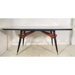 TAVOLO PRANZO DESIGN ANNI 60 Vittorio Dassi LEGNO OTTONE VETRO TABLE VINTAGE