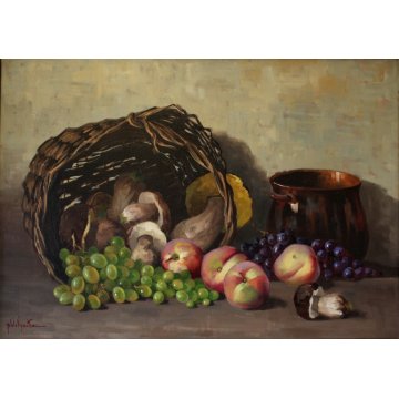 ANTICO QUADRO NATURA MORTA A.Vanotto FRUTTA CESTO FUNGHI PESCHE UVA OLD PAINTING