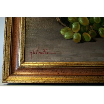 ANTICO QUADRO NATURA MORTA A.Vanotto FRUTTA CESTO FUNGHI PESCHE UVA OLD PAINTING