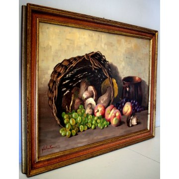 ANTICO QUADRO NATURA MORTA A.Vanotto FRUTTA CESTO FUNGHI PESCHE UVA OLD PAINTING