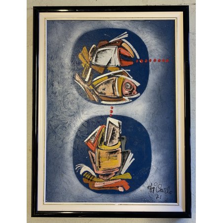 QUADRO ASTRATTO TECNICA MISTA Vittorio M. Carlo NATURA MORTA PESCI '71