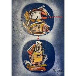 QUADRO ASTRATTO TECNICA MISTA Vittorio M. Carlo NATURA MORTA PESCI '71