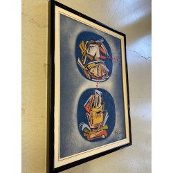 QUADRO ASTRATTO TECNICA MISTA Vittorio M. Carlo NATURA MORTA PESCI '71