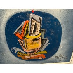 QUADRO ASTRATTO TECNICA MISTA Vittorio M. Carlo NATURA MORTA PESCI '71