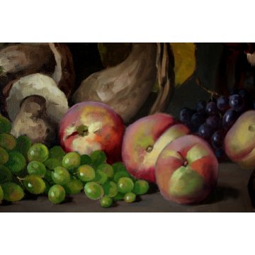 ANTICO QUADRO NATURA MORTA A.Vanotto FRUTTA CESTO FUNGHI PESCHE UVA OLD PAINTING