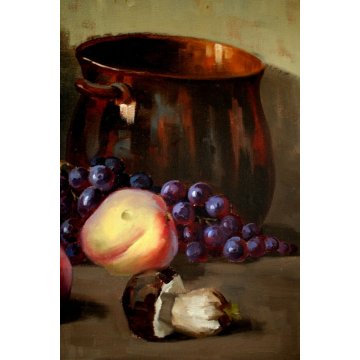 ANTICO QUADRO NATURA MORTA A.Vanotto FRUTTA CESTO FUNGHI PESCHE UVA OLD PAINTING