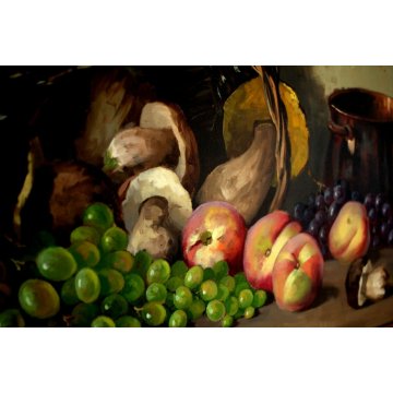 ANTICO QUADRO NATURA MORTA A.Vanotto FRUTTA CESTO FUNGHI PESCHE UVA OLD PAINTING