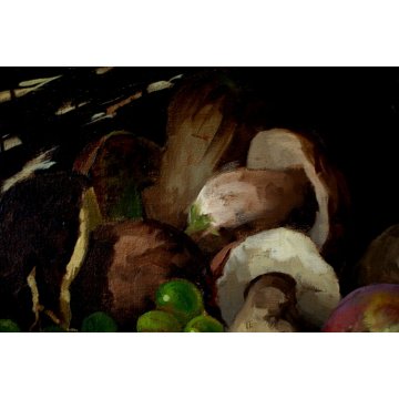 ANTICO QUADRO NATURA MORTA A.Vanotto FRUTTA CESTO FUNGHI PESCHE UVA OLD PAINTING