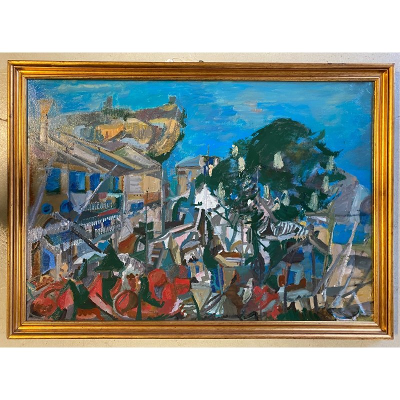 GRANDE DIPINTO OLIO Corrado Selvini PAESAGGIO ASTRATTO LAGO MAGGIORE MEINA LESA