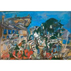 GRANDE DIPINTO OLIO Corrado Selvini PAESAGGIO ASTRATTO LAGO MAGGIORE MEINA LESA