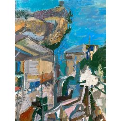 GRANDE DIPINTO OLIO Corrado Selvini PAESAGGIO ASTRATTO LAGO MAGGIORE MEINA LESA