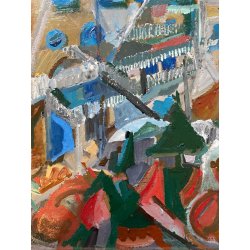 GRANDE DIPINTO OLIO Corrado Selvini PAESAGGIO ASTRATTO LAGO MAGGIORE MEINA LESA