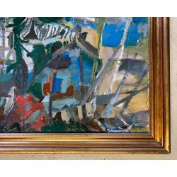 GRANDE DIPINTO OLIO Corrado Selvini PAESAGGIO ASTRATTO LAGO MAGGIORE MEINA LESA