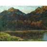 ANTICO DIPINTO FIRMATO PAESAGGIO MONTAGNA LAGO ALPI QUADRO OLIO TELA EPOCA 1920