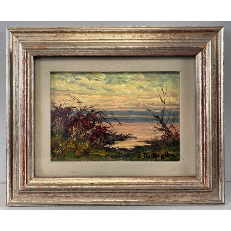 QUADRO DIPINTO OLIO De Regibus PAESAGGIO LACUSTRE AUTUNNO 21,5x17,5cm EPOCA '70