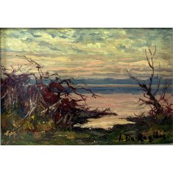 QUADRO DIPINTO OLIO De Regibus PAESAGGIO LACUSTRE AUTUNNO 21,5x17,5cm EPOCA '70