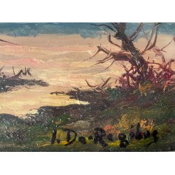 QUADRO DIPINTO OLIO De Regibus PAESAGGIO LACUSTRE AUTUNNO 21,5x17,5cm EPOCA '70