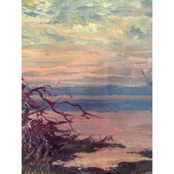 QUADRO DIPINTO OLIO De Regibus PAESAGGIO LACUSTRE AUTUNNO 21,5x17,5cm EPOCA '70