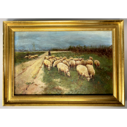 ANTICO QUADRO OLIO TAVOLETTA GENERE PAESAGGIO PASTORALE GREGGE PASTORE PECORE