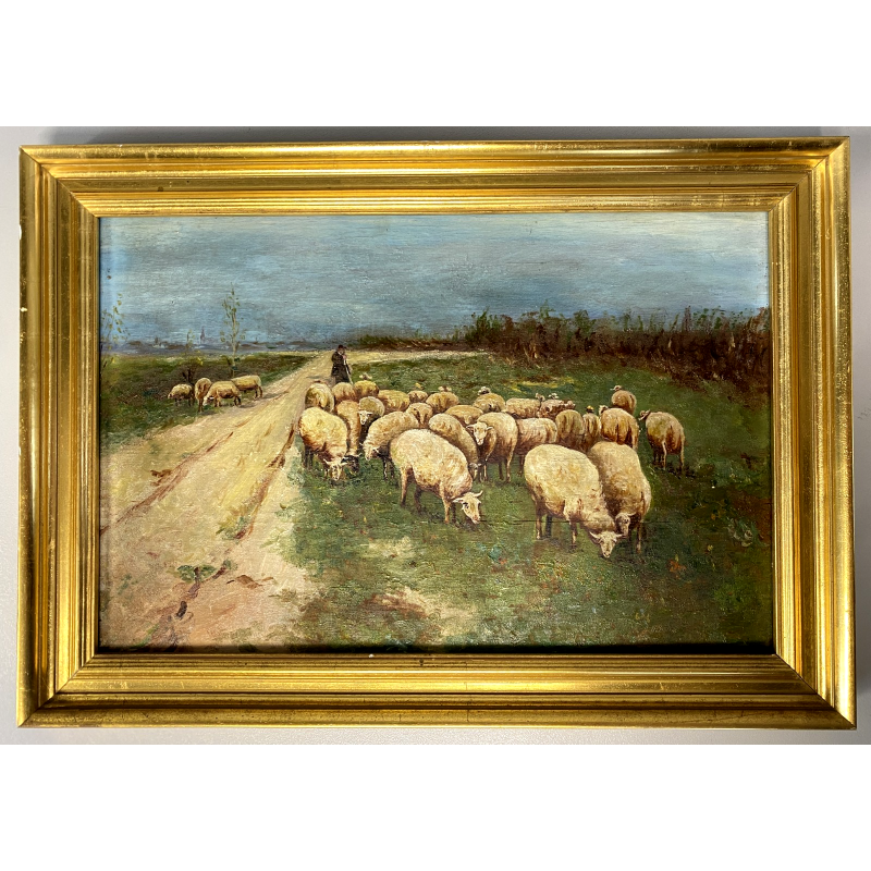 ANTICO QUADRO OLIO TAVOLETTA GENERE PAESAGGIO PASTORALE GREGGE PASTORE PECORE