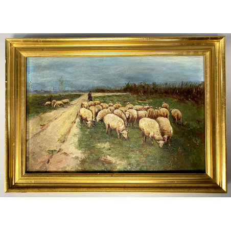 ANTICO QUADRO OLIO TAVOLETTA GENERE PAESAGGIO PASTORALE GREGGE PASTORE PECORE