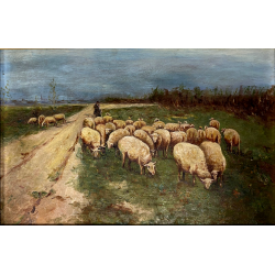 ANTICO QUADRO OLIO TAVOLETTA GENERE PAESAGGIO PASTORALE GREGGE PASTORE PECORE