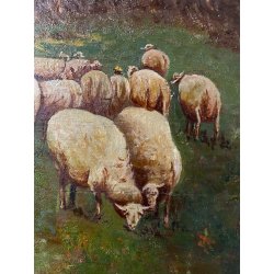 ANTICO QUADRO OLIO TAVOLETTA GENERE PAESAGGIO PASTORALE GREGGE PASTORE PECORE