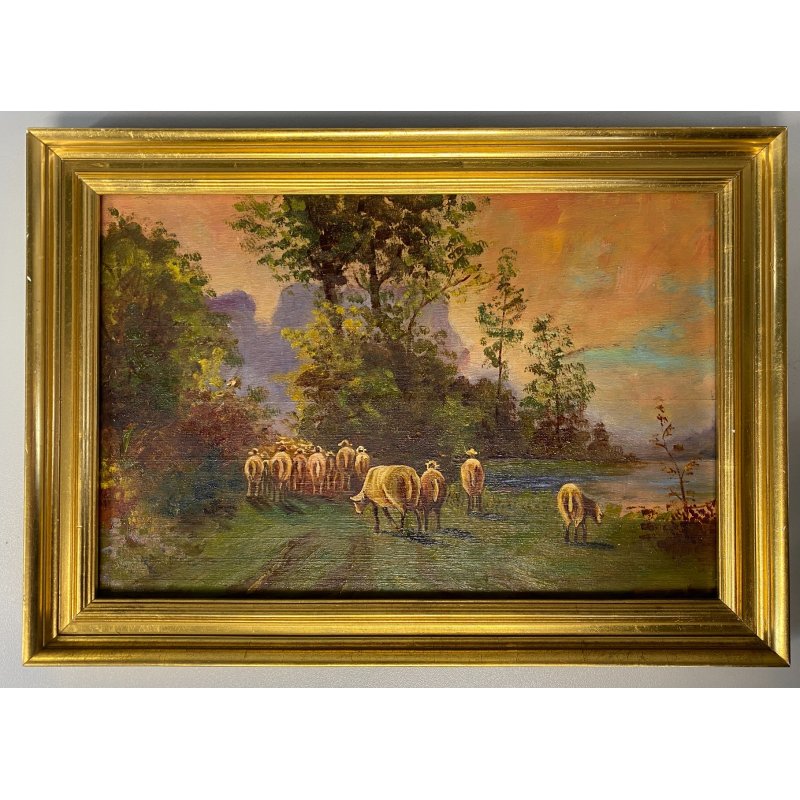 ANTICO QUADRO OLIO TAVOLETTA GENERE PAESAGGIO LACUSTRE PASTORALE GREGGE  PECORE