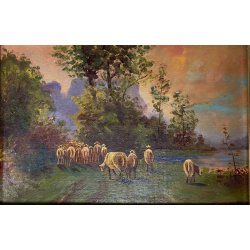 ANTICO QUADRO OLIO TAVOLETTA GENERE PAESAGGIO LACUSTRE PASTORALE GREGGE  PECORE