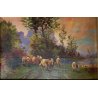 ANTICO QUADRO OLIO TAVOLETTA GENERE PAESAGGIO LACUSTRE PASTORALE GREGGE  PECORE