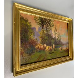 ANTICO QUADRO OLIO TAVOLETTA GENERE PAESAGGIO LACUSTRE PASTORALE GREGGE  PECORE