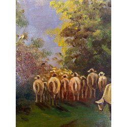 ANTICO QUADRO OLIO TAVOLETTA GENERE PAESAGGIO LACUSTRE PASTORALE GREGGE  PECORE