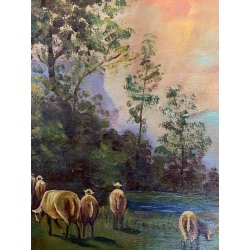 ANTICO QUADRO OLIO TAVOLETTA GENERE PAESAGGIO LACUSTRE PASTORALE GREGGE  PECORE