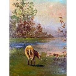 ANTICO QUADRO OLIO TAVOLETTA GENERE PAESAGGIO LACUSTRE PASTORALE GREGGE  PECORE