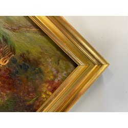 ANTICO QUADRO OLIO TAVOLETTA GENERE PAESAGGIO LACUSTRE PASTORALE GREGGE  PECORE