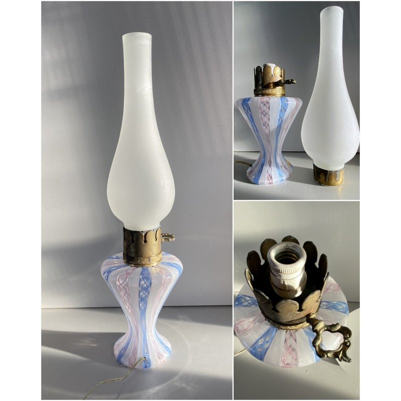 LAMPADA LUME TAVOLO ABATJOUR VETRO MURANO RETICELLO ZANFIRICO ELETTRIFICATA '50