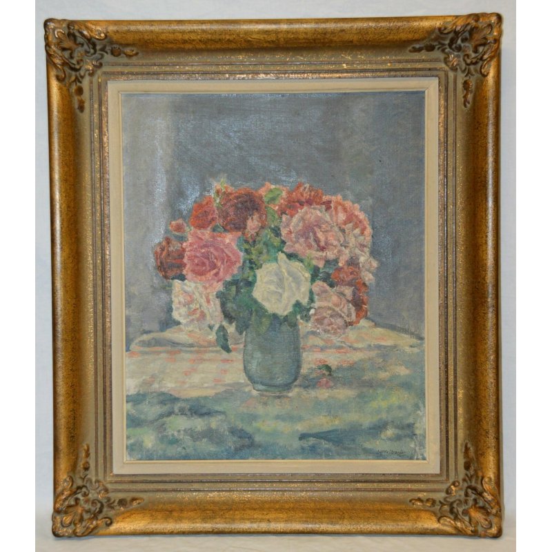 ANTICO QUADRO DIPINTO Jean Affeltranger Töss NATURA MORTA fiori ROSE olio tavola