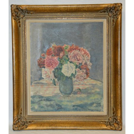 ANTICO QUADRO DIPINTO Jean Affeltranger Töss NATURA MORTA fiori ROSE olio tavola