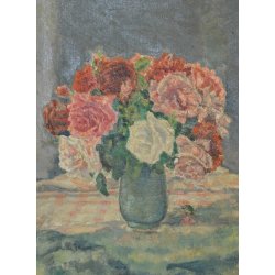 ANTICO QUADRO DIPINTO Jean Affeltranger Töss NATURA MORTA fiori ROSE olio tavola