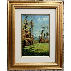 ANTICO QUADRO OLIO TAVOLA C. Pogliaghi PAESAGGIO MONTANO AUTUNNO LAGO D'ORTA 