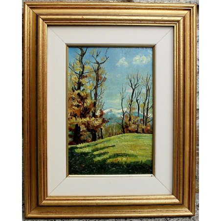 ANTICO QUADRO OLIO TAVOLA C. Pogliaghi PAESAGGIO MONTANO AUTUNNO LAGO D'ORTA 